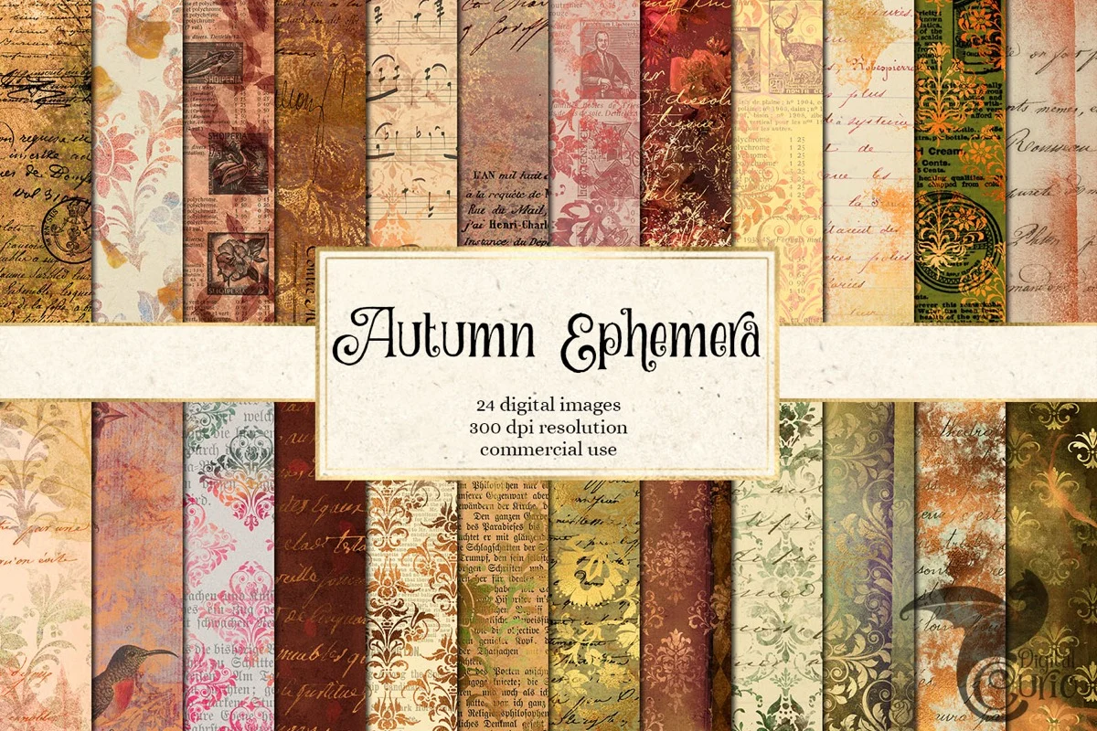 Autumn ephemera papers in bronze and rust with distressed edges