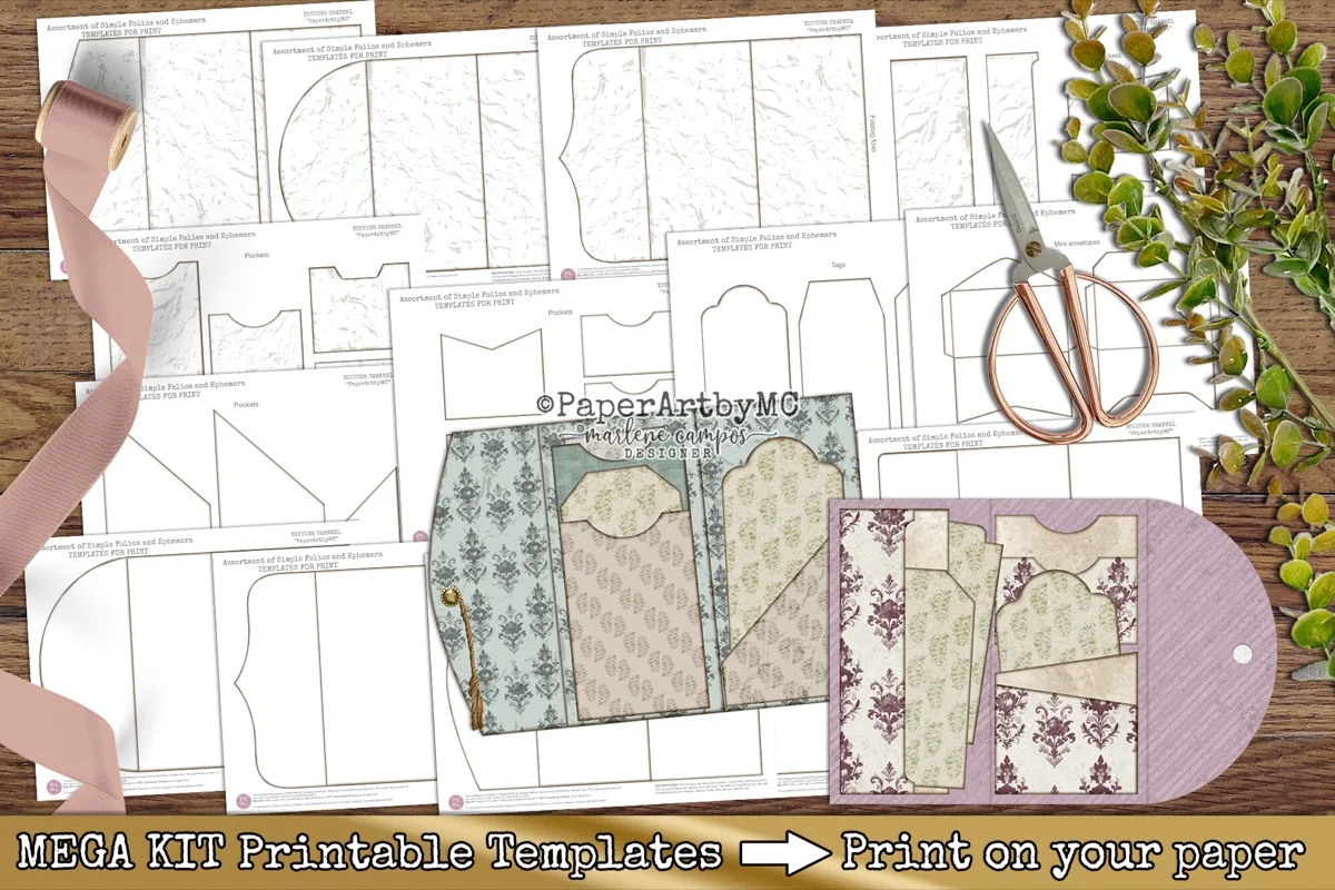 Printable junk journal folio, envelope and pocket templates laid out on a sheet