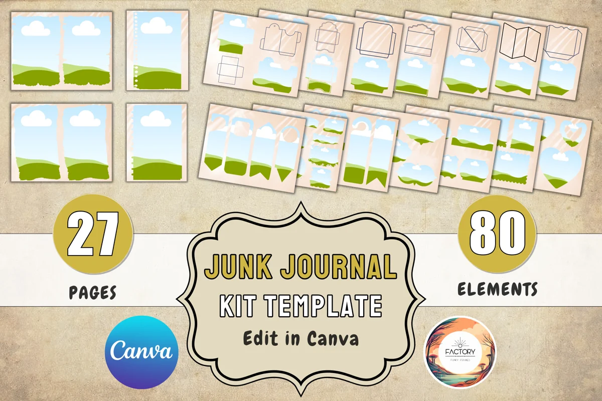Editable junk journal page template shown open in a design editor